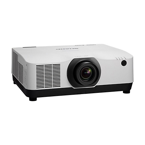 Weißer Projektor mit schwarzem Objektiv und Unterseite, vor neutralem Hintergrund.