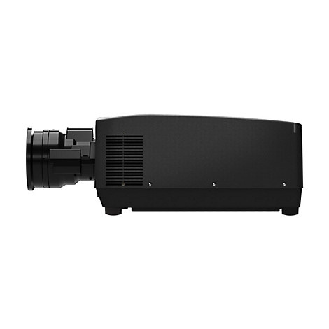 Schwarzer Projektor im Profil. Sichtbar ist das Objektiv, der Lüfter und die Gehäuseform.