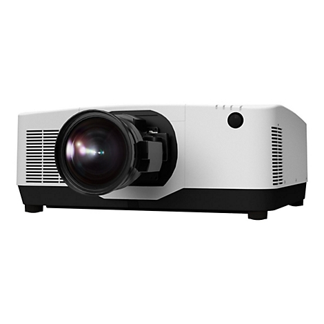 Weiß-schwarzer Projektor mit großem Objektiv und Lüftungsschlitzen.