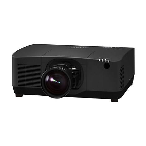 Schwarzer Projektor mit Objektiv und Logo. Auf der Oberseite steht „SHARP“ sowie Funktionsleuchten und Anzeigen.