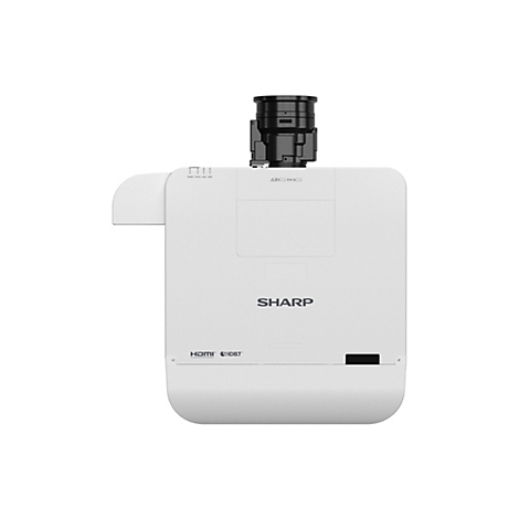 Ein weißer SHARP-Projektor mit schwarzem Objektiv, das aufrecht steht. Oben sind Status-LEDs. HDMI und HDBT-Logos.