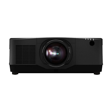 Ein schwarzer Projektor vor weißem Hintergrund. Das Objektiv ist im Fokus, mit Lüftungsschlitzen und Bedienelementen.