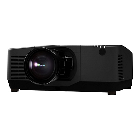 Schwarzer Projektor, Objektiv im Fokus, auf weißem Hintergrund. Sichtbar sind Kühlrippen, Knöpfe und Linsenreflexion.