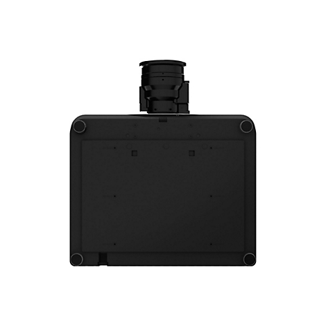 Von unten fotografierter, schwarzer Projektor. Oben befindet sich ein Linsenturm.