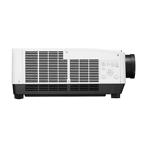 Seitenansicht eines weißen Projektors mit schwarzem Objektiv und Bedienfeld. Lüftungsschlitze sind sichtbar.