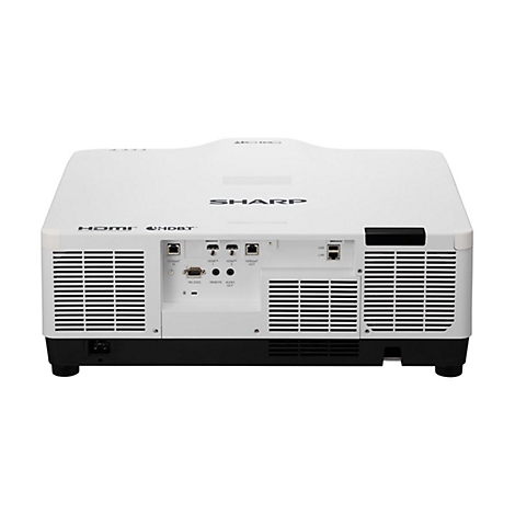 Rückansicht eines weißen SHARP-Projektors mit Anschlüssen für HDMI, HDBaseT, USB und LAN.