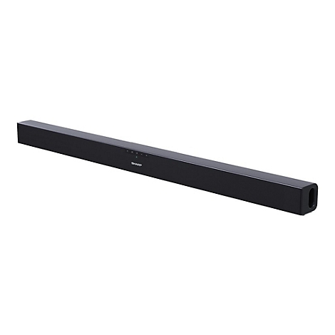 Eine schwarze Soundbar vor weiÃŸem Hintergrund. Auf der Vorderseite befindet sich der Schriftzug SHARP.