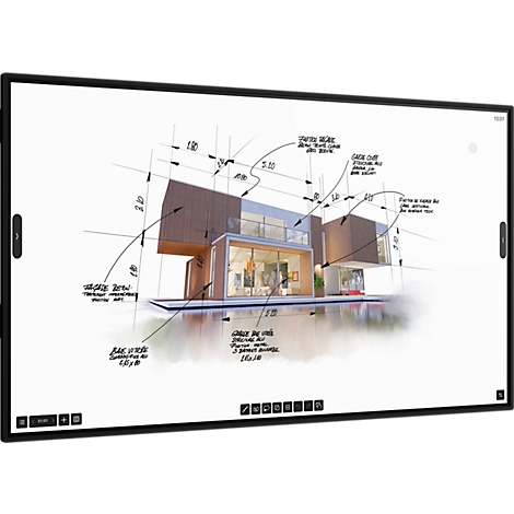 Digitales Whiteboard mit einer architektonischen Skizze eines modernen Wohnhauses samt Bemaßungen.
