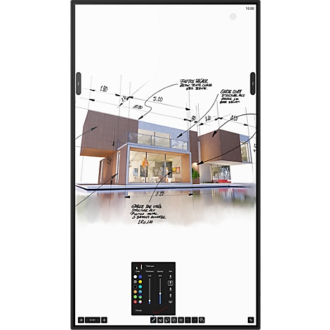 Digitales Whiteboard mit einer architektonischen Skizze eines modernen Hauses und eingeblendetem Farbauswahlmenü.