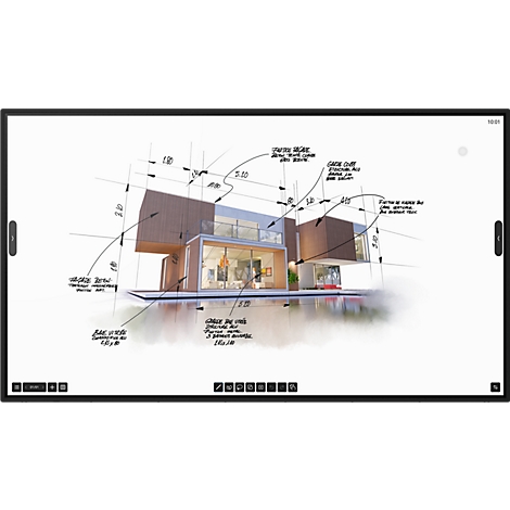 Digitales Display zeigt eine architektonische Skizze eines modernen Hauses mit Bemaßungen.