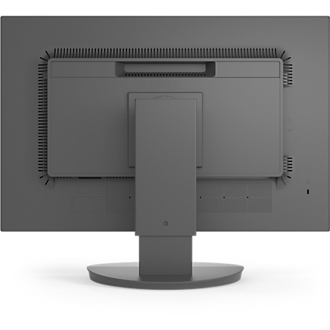 Achterkant van een grijze monitor. Rechthoekige vorm, centrale beugel, ventilatiesleuven, connectoren en voet.