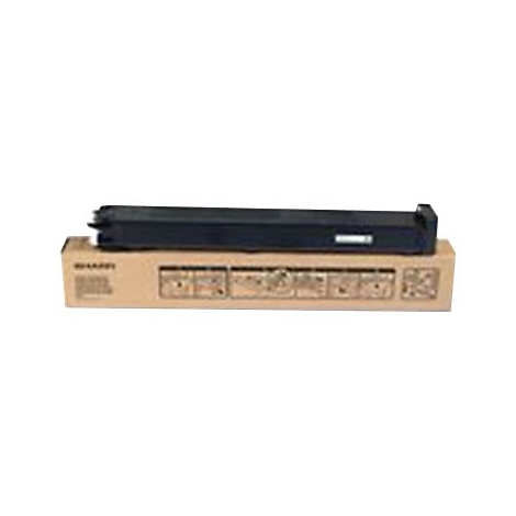 Cartouche de toner noire sur boÃ®te marron, avec pictogrammes. Inscription: SHARP.