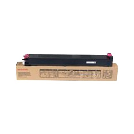 Cartouche de toner noire avec des accents roses posÃ©e sur un emballage en carton brun.
