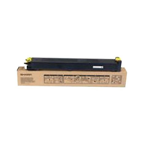 Cartouche de toner noire sur une boÃ®te marron. Accents jaunes sur la cartouche.