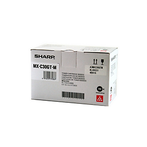 WeiÃŸe Kartonverpackung mit schwarzer Schrift. Aufschrift: SHARP MX-C30GT-M. Aufkleber mit Barcode und weiteren Informationen.