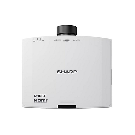 Ein weißer Sharp-Projektor mit schwarzem Objektiv und Bedienfeldern, darunter "POWER" und "HDMI".