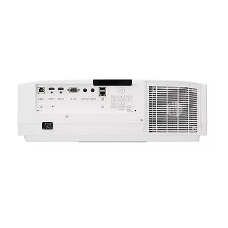 Arrière d'un projecteur blanc avec ports, grille d'aération et boutons de commande.