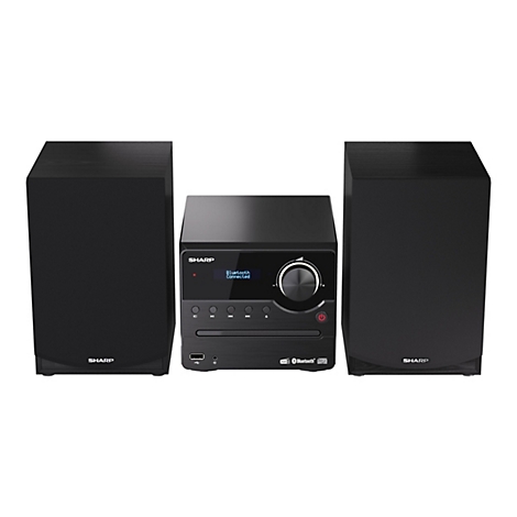 Schwarzes Sharp Audiosystem mit zwei Lautsprechern und zentralem Player, Display zeigt Bluetooth verbunden.