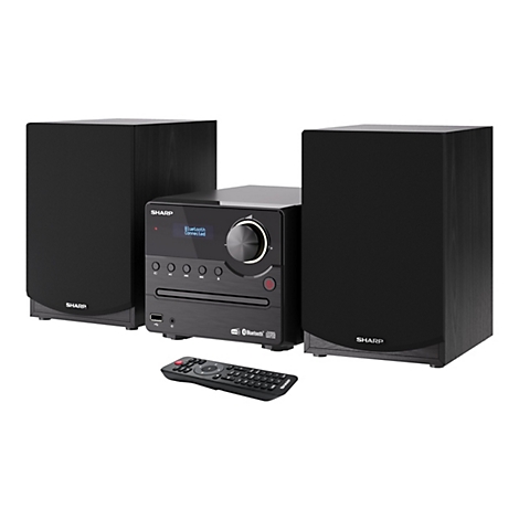 Schwarze Sharp Kompaktanlage mit zwei Lautsprechern, Displayanzeige Bluetooth Connected und Fernbedienung.