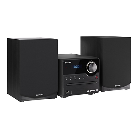 Schwarze Sharp Kompaktanlage mit zwei Lautsprechern und digitalem Display, das Bluetooth-Verbindung anzeigt.
