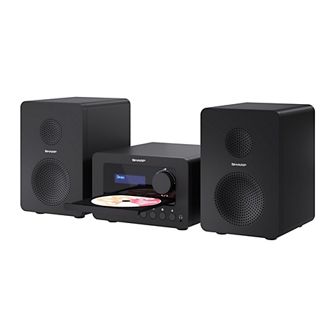 Schwarze Sharp Hi-Fi-Stereoanlage mit zwei Lautsprechern und offenem CD-Fach vor neutralem Hintergrund.