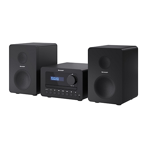 Schwarze Sharp Hi-Fi-Stereoanlage mit zwei Lautsprechern und zentralem Player mit Digitaldisplay.