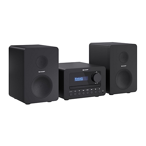Schwarze Sharp Hi-Fi-Anlage mit zwei Lautsprechern und zentralem Display, das Bluetooth Connected anzeigt.