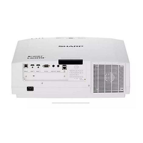 Arrière d'un projecteur SHARP blanc avec ports et fentes de ventilation. L'étiquetage comprend HDMI, HDBaseT, USB et des commandes.