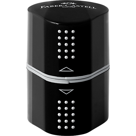 Black pencil sharpener with white lettering and dots.