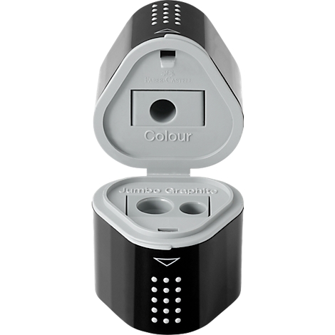 Black pencil sharpener with grey lid, opened. Inscription: Colour and Jumbo Graphite. The sharpener has openings for pencils.