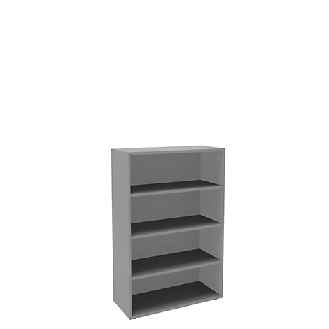 Gray bookshelf with five levels. The shelves are dark gray, the outer walls are light gray.