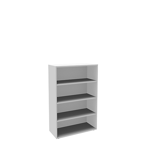 White bookshelf with five gray compartments. On a white background.