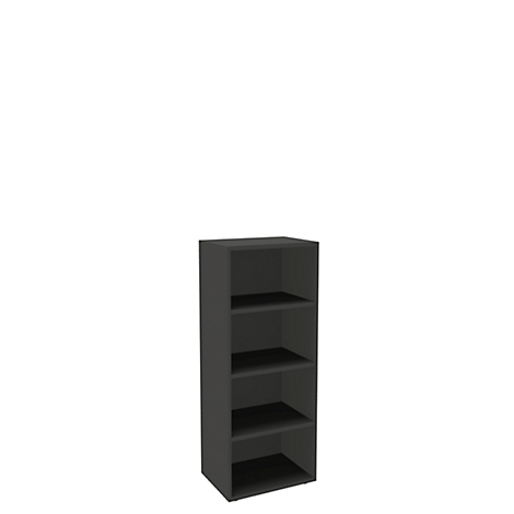 Tall, gray bookcase with four shelves, against a white background.