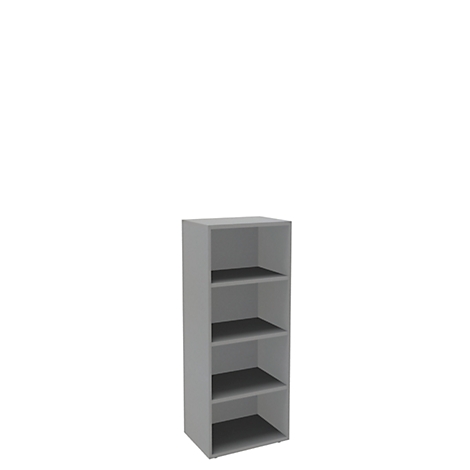Gray shelf with four compartments, against a white background.