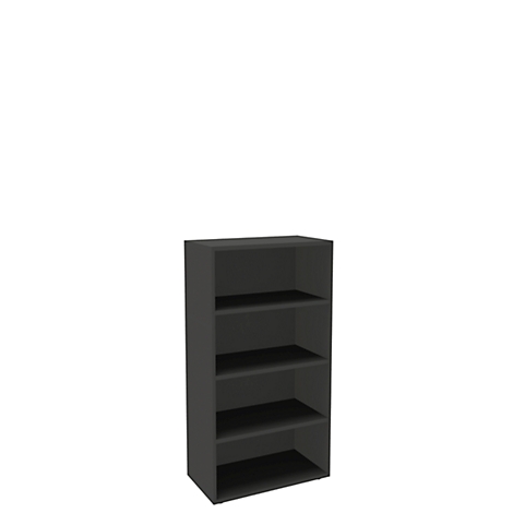 Dark grey bookshelf with five open compartments. Rectangular shape.