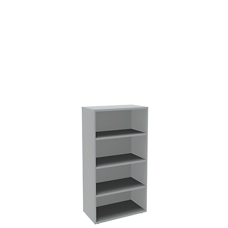 Grey bookshelf with four open compartments on a white background.