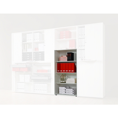 Grey shelf with red and black folders against a white background. More files are on the shelves.