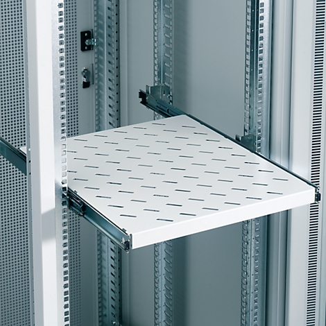 White shelf in a server cabinet. Provided with slotted holes, extended on rails.