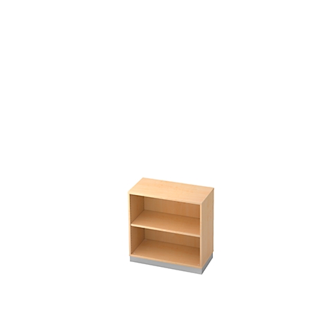 A light wood bookcase, two shelves, gray base, against a white background.