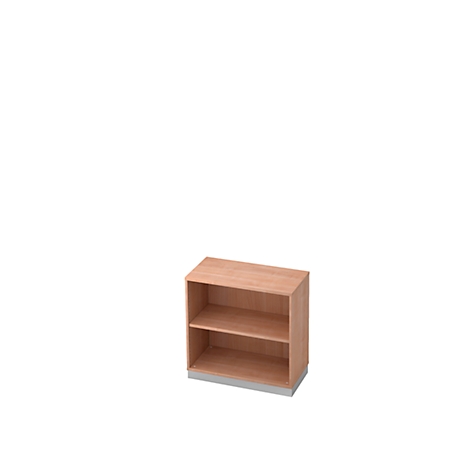 Small, light brown bookshelf with two shelves against a white background.