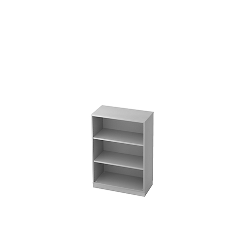 Gray bookshelf with three compartments on a white background.