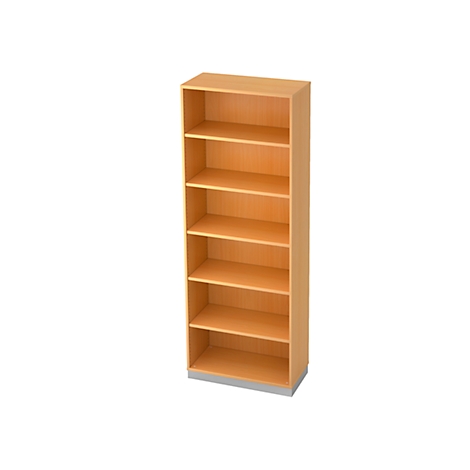 Tall, beige bookcase with six open shelves. Standing on a grey base.
