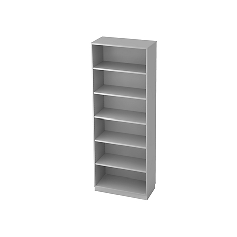 Gray tall bookshelf with six shelves.
