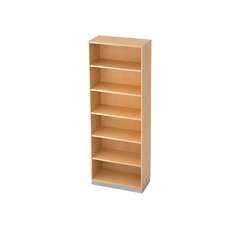 Tall, light brown bookcase with six shelves. Gray base. Against a white background.