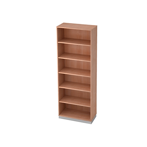 Tall wooden bookshelf with six shelves. The lower part is grey.