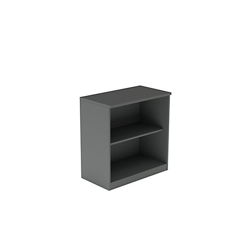 Grey bookshelf with two compartments. It stands against a white background.