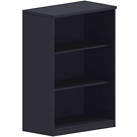 Dark blue bookcase with three shelves.