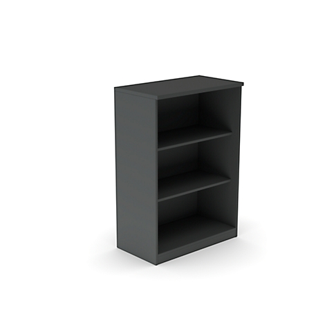 Dark gray bookshelf with three open compartments. It stands against a white background.
