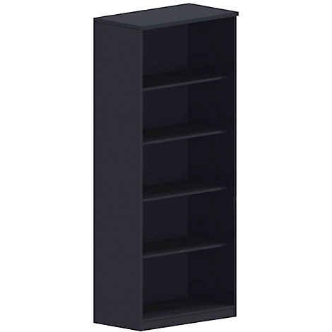 Dark blue bookcase with five shelves. Angular design, plain background.