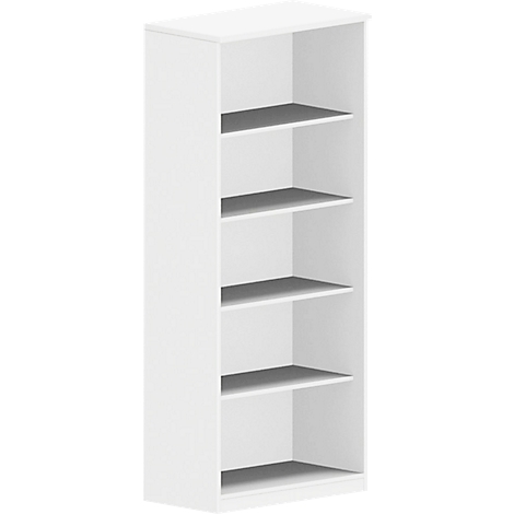 White bookshelf with five gray shelves. It stands against a white background.